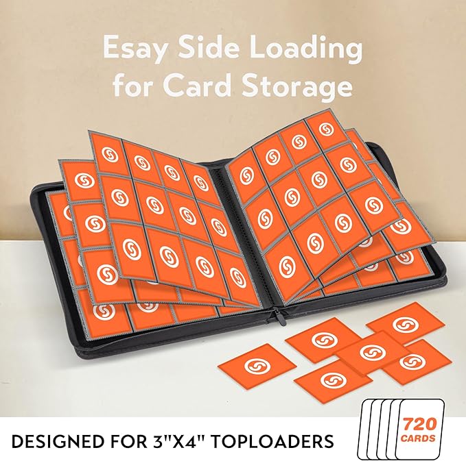 SMYV 12 Pocket Trading Card Binder, Premium PU Cover Card Binder for 720 Cards, Ringless Side Loading Card Collection Album Folders for MTG, TCG, Game Cards & Sports Cards (Orange)