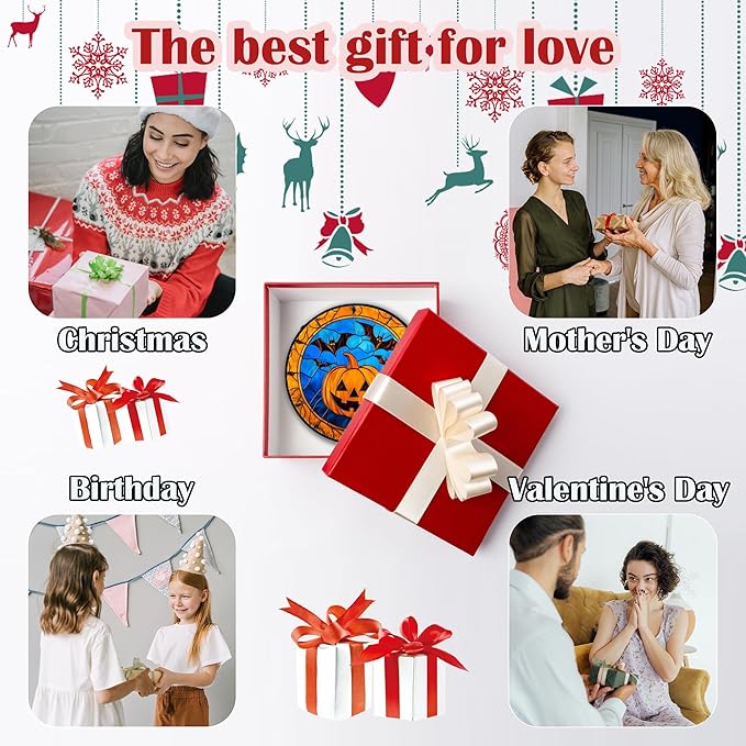Stained Glass Window Hanging - Halloween Evil Pumpkin Suncatcher for Doors Window Garden Indoor Spooky Brown Bat Sun Catchers Gothic Decor Horror Gifts for Women Men Friend Boy Girl 7.8 in