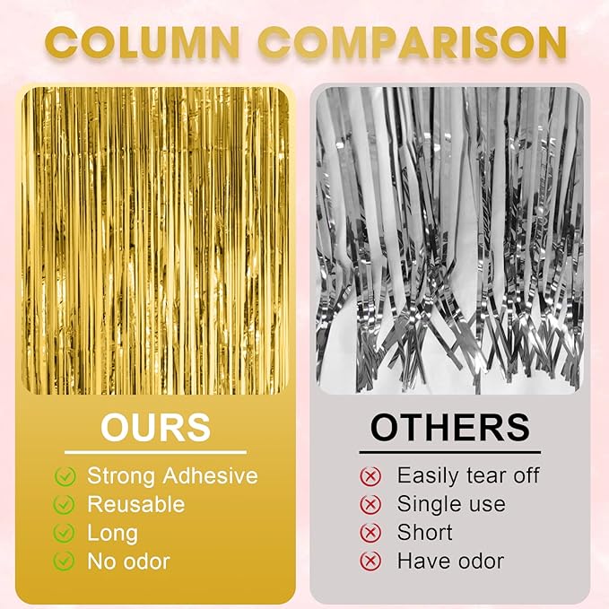 4 Pack Gold Foil Fringe Backdrop Curtains, Tinsel Streamers Birthday Party Decorations, Fringe Backdrop for Graduation, Baby Shower, Gender Reveal, Disco Party