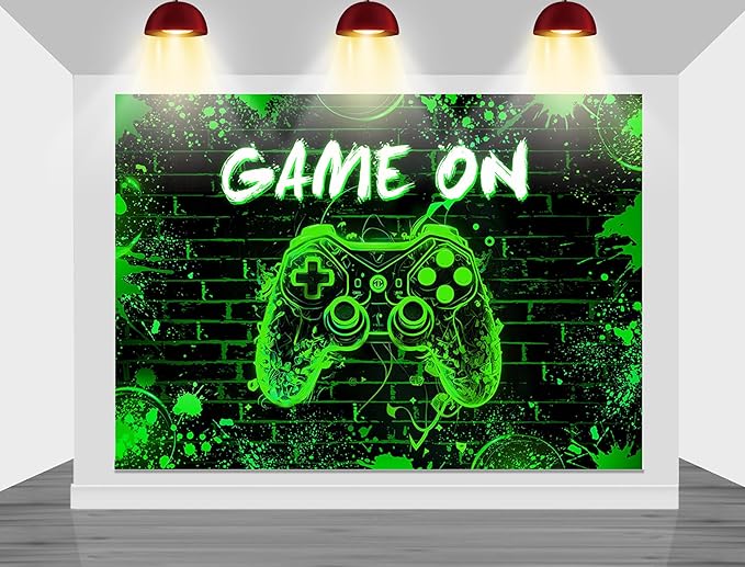 Mocsicka Game On Backdrop Video Game for Boys Level Up Birthday Party Decoration Game Night Arcade Neon Glow Gamer Banner Photography Background (Green, 10x7ft(120"x82"))
