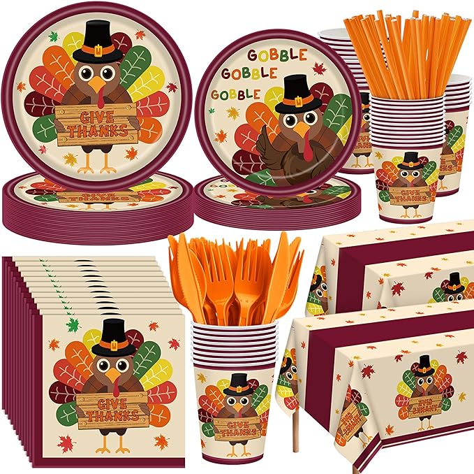 452 Pcs Turkey Thanksgiving Party Supplies for 50 Guests, Fall Thanksgiving Paper Plates Napkins Cups Tablecloth Cutlery Straws Tableware Set for Autumn Friendsgiving Party Decorations