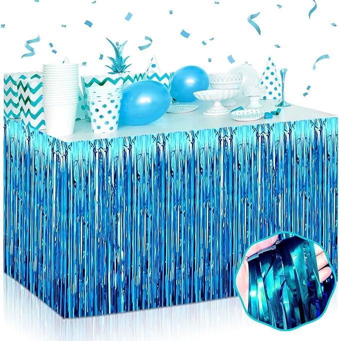 3 Pack 29 x108 Inch Lake Blue Foil Fringe Table Skirts Metallic Banner for Tinsel Streamer Garland Backdrop for Parade Floats Wedding Thanksgiving Birthday Christmas New Year Party Decoration