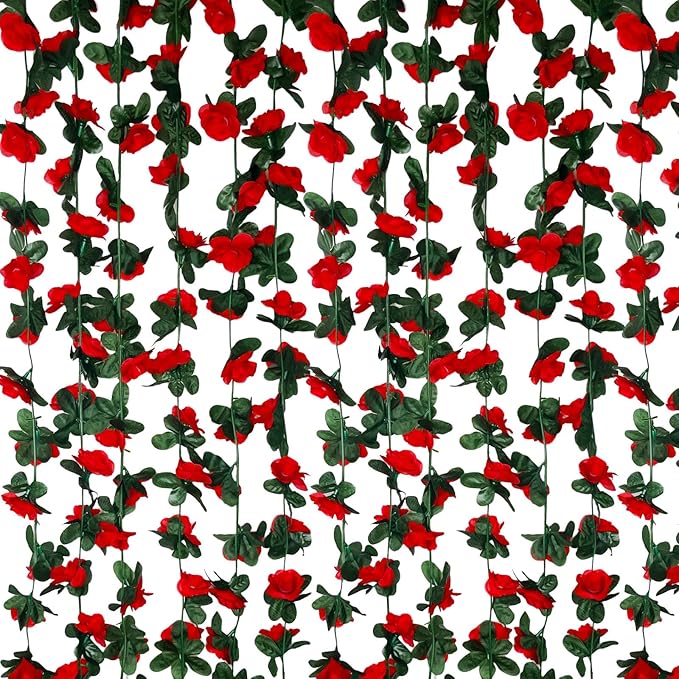 8Pcs 63Ft Red Rose Garland, Fake Rose Hanging Flowers, Artificial Flower Vine, Hanging Floral Vine Garland for Wedding, Birthday Party, Wall Arch, Halloween, Christmas Garden Backdrop Decor