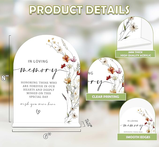 Boho Floral In Loving Memory Sign, 6 x 8 Inch White Arch Acrylic Wedding Sign with Holder, Wedding Sign for Ceremony and Reception, Wedding Decoration, Wedding Supplies - BX05