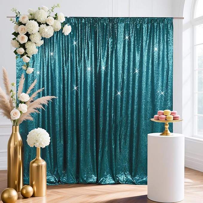 SquarePie Sequin Backdrop Less Transparent Background Sparkly Curtain for Wedding Party 8FT x 8FT Teal