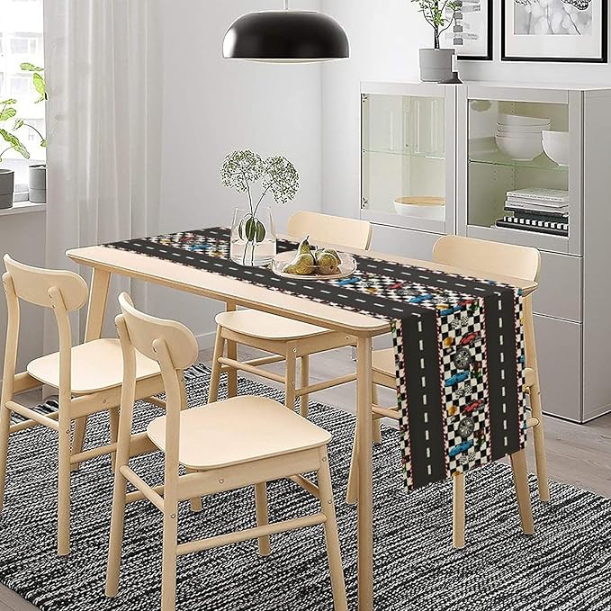 Race Car Table Runner,Checkered Flag Black and White Race Cars Pattern Print Tablecloth Burlap for Hotel Indoors Outdoor Dining Room Kitchen Home Decor,W13X L36 in