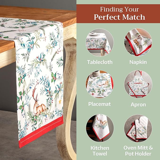 Maison d' Hermine Table Runner 100% Cotton Double Layer Table Runners 72 inches Long for Thanksgiving Christmas Decorations Home Kitchen Dining Party Wedding (Holly Time, 14.5" x 72")