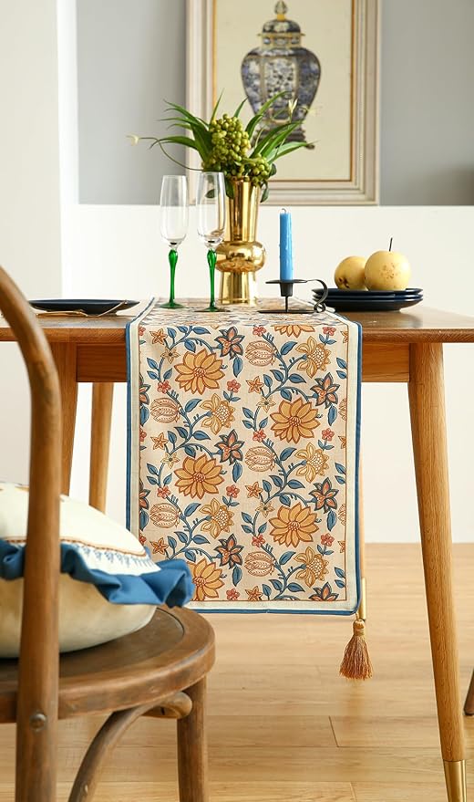 ISAENNE Designer Bohemian Elegant Linen Extra Long Table Runner 118 Inches,Floral Pattern Duable Decor Table Runners for Dining Tables,Thanksgiving,Kitchen Tables,Christmas,12"*118"-Estevan B