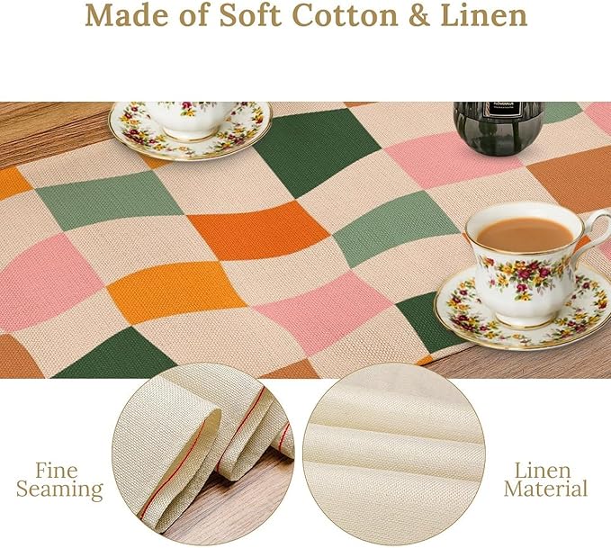 Hippie Table Runner, Vintage Geometric Square Orange Green Pink Grid 60s 70s Style Kitchen Dining Room Decor for Indoor Outdoor Wedding Party Table Runner 13x108 Inch