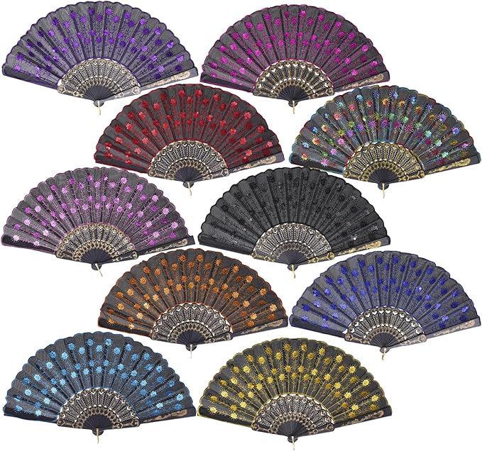 QIRMIZI 10 PACK Fabric Folding Handheld Fans, Perfect for Weddings, Parties, and Dancing,Mixed