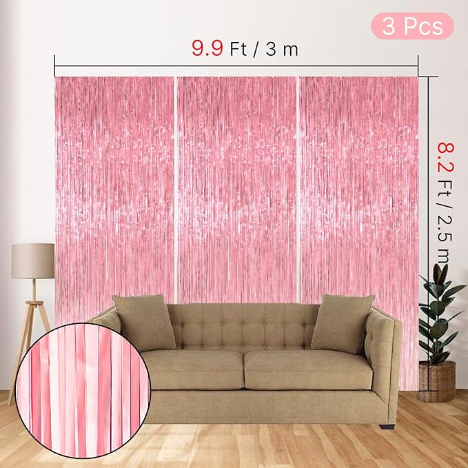 PartyWoo Pink Streamers Foil Fringe Curtain Backdrop 3Pcs 8.2ft Pastel Baby Light Pink Tinsel Backdrop for Princess Girls Baby Shower Birthday Graduation Wedding Sweet Bow Party Decorations