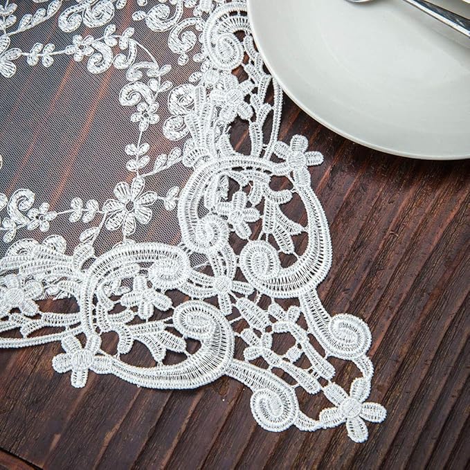ARTABLE Rectangle Table Runner Lace Macrame Embroidered Table Runners with Exquisite Vintage Shabby Chic for Holiday Wedding Long Dinner Tables (White, 12 x 70 Inch)