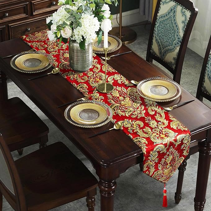 Jacquard Red Table Runner 120" Chenille Decorations for Birthday Wedding Party Handmade Centerpiece
