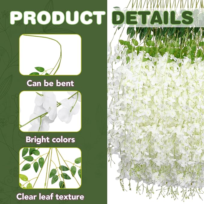 Wisteria Hanging Flowers,Fake Hanging Flowers,Wisteria artificiales Garland for Home Wedding Arch Floral Party Garden Ceremony Outdoor Decor,3.6 feet Long(108,White)