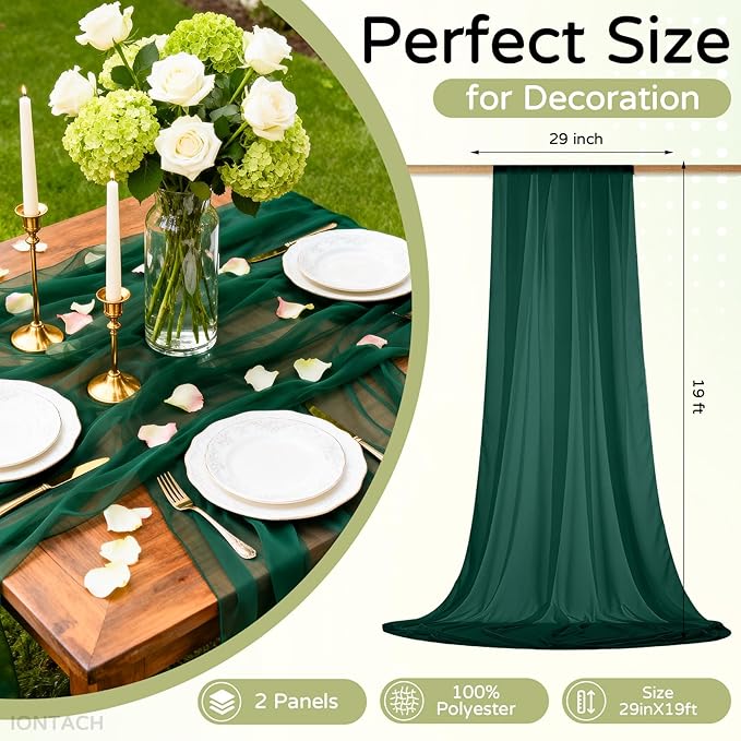 Wedding Arch Draping Fabric 29" x 19Ft Sheer Drapes for Backdrop Wedding Ceremony Reception Ceiling Decor Curtain Baby Bridal Shower Decoration (Hunter Green, 2 Panels)