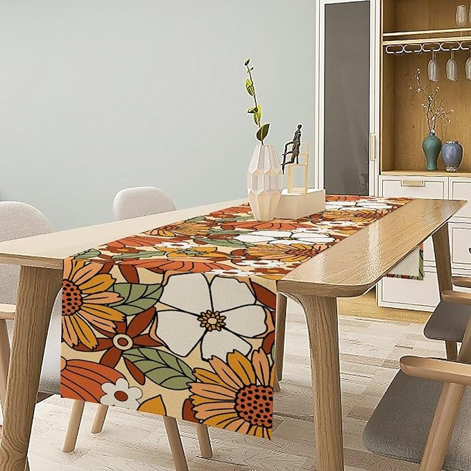 Vintage Floral Table Runner,Boho 70s Style Retro Flower Table Cloth Kitchen Dining Table Home Party Decoration 13x72 Inch