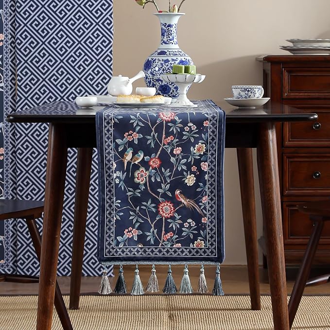 patdrea Vintage Chinoiserie Floral Table Runner Farmhouse for Home Kitchen Dining Decor Parties Family Dinners 12"*102"