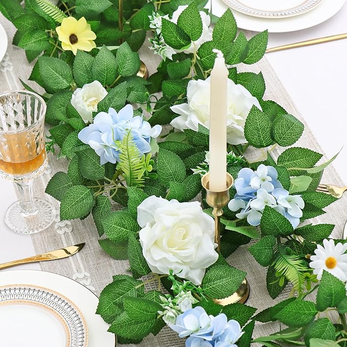 Dremisland 2PCS Artificial Rose Vine Fake Flower Garland 6FT Faux Silk Rose Hanging Vine Floral Garland Daisies Hydrangeas Ivy Vines for Wedding Party Wall Arch Garden Background Decor