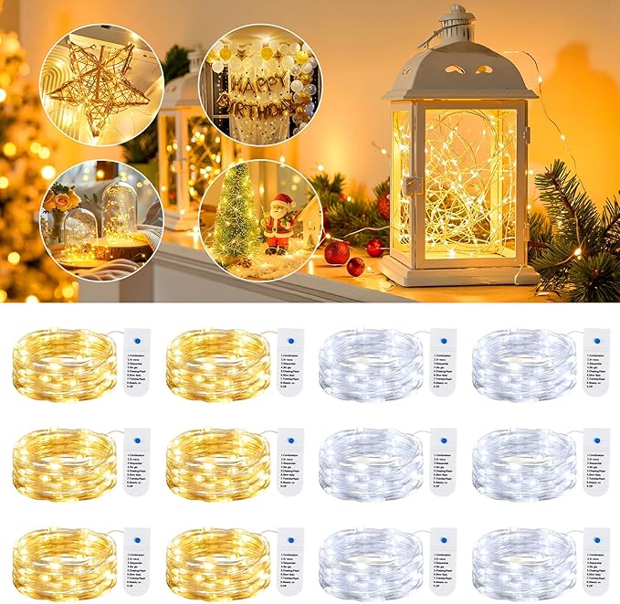 Minetom 12 Pack Fairy Lights Battery Operated String Lights, 8 Modes & Timer, 7ft 20LED Waterproof Silver Wire Twinkle Lights, Firefly Starry Moon Lights for Mason Jars DIY Christmas Wedding
