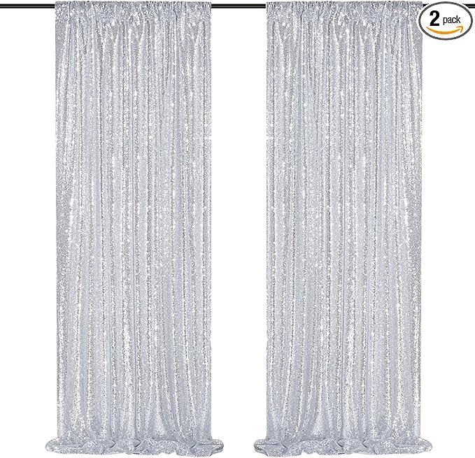 Silver Sequin Backdrop 2 Panels 2FTx8FT Christmas Party Backdrop Curtains Glitter Photo Background for Wedding Baby Shower Stage Decorations