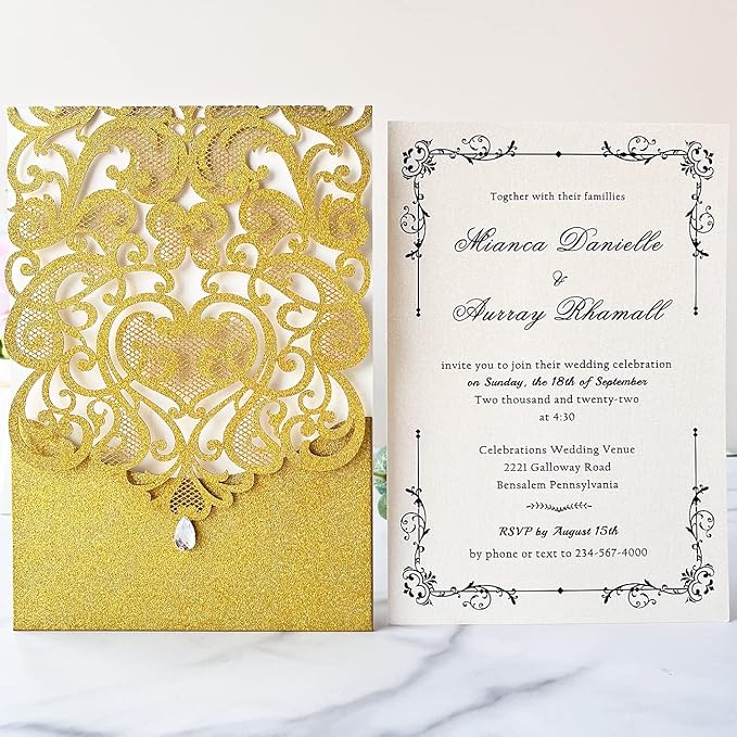 Hosmsua 5.12 x 7.3 50pcs Personalized Gold Laser Cut Flora Wedding Invitation Cards with Rhinestone and Envelopes Invitations for Quinceañera Wedding Invite (Customized Printed)