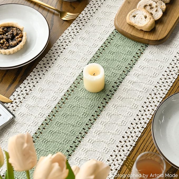 Artoid Mode Light Green Farmhouse Rustic Table Runner, Seasonal Holiday Hollow Kitchen Dining Table Decoration for Home Party Decor 12x120 Inch