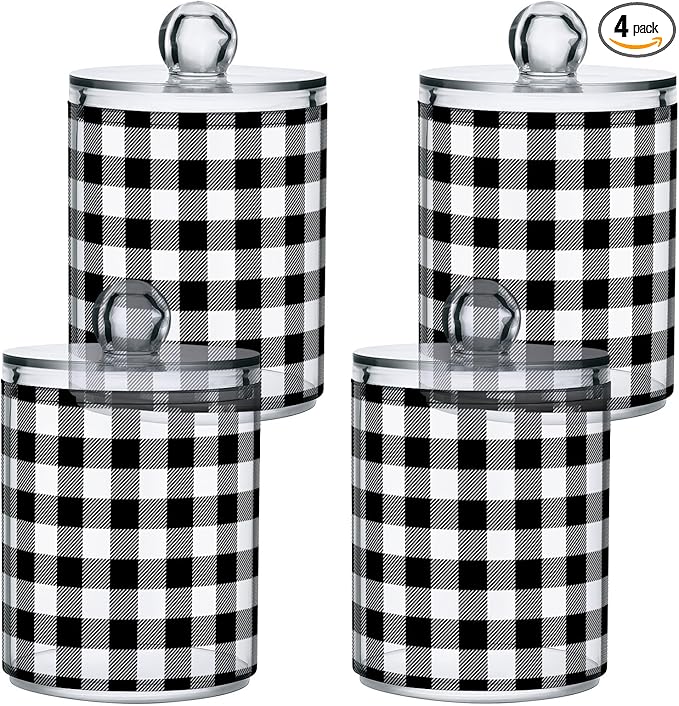Gredecor Qtip Holder Dispenser 4 Pack Black White Classic Buffalo Plaid Apothecary Jars with Lids Bathroom Vanity Countertop Canister Storage Organizer for Cotton Ball,Swabs,Pads,Floss