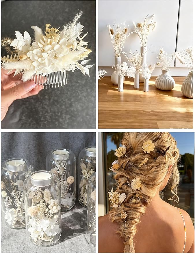 DIY Natural Dried Flower Kit Loose Dried Flowers for vases Off-White Dried Flowers with Stems Preserved Hydrangeas Mini Dried Flower Bouquets (White)