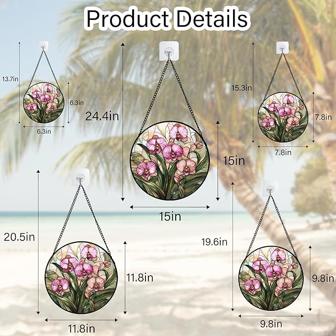 Stained Glass Window Hanging - Pink Phalaenopsis Orchid Green Leaves Sun Catcher for Door Home Decor Flower Suncatcher Christmas Mother's Day Birthday Gifts for Women Men Mom Nana 15 in