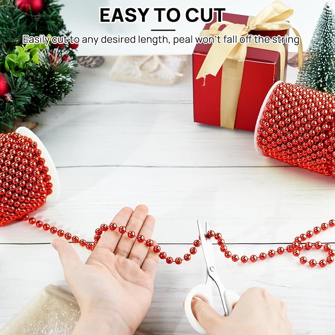 Red 8MM Faux Pearl Garland, 33 Feet Roll Strand Wedding Party Decoration, Christmas Tree Decorations