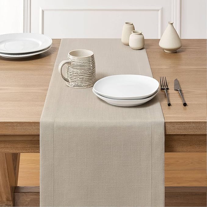 ZeeMart Linen Textured Border Table Runner, 14 x 36 Inch Natural, Farmhouse Style Neutral Table Runners 36 Inches Long, Easy Care Everyday Polyester Table Runner