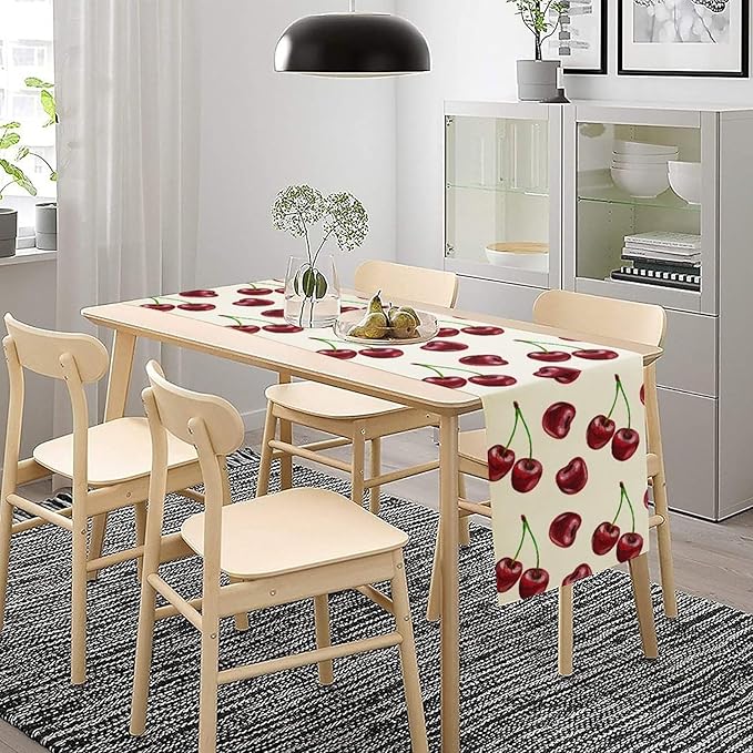Red Cherry Table Runner Watercolor Spring Summer Wild Berry Tropical Fruit Theme Dinner Runner for Girl Baby Shower Party Holiday Home Kitchen Dining Table Decor 13x60