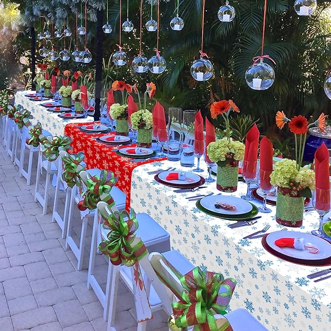 12 Pieces Christmas Snowflake Plastic Party Tablecloth Decorations,54x108 inch Disposable White Red Rectangle Snowflake Xmas Table Cover Backdrop for Winter Christmas Holiday New Year Party Supplies