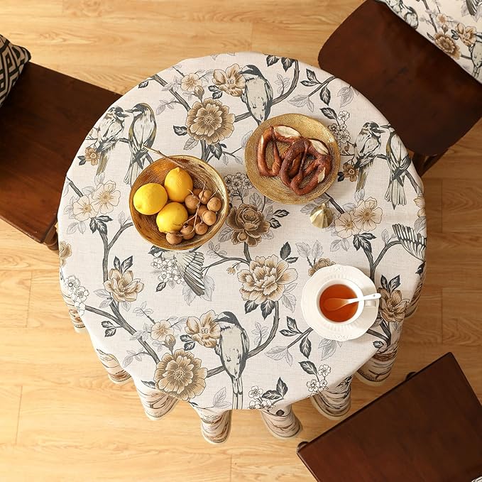 ISAENNE Designer Vintage Linen Round Table Cloth,Floral and Bird Pattern Elegant Tablecloth,Fall Wrinkle Resistant Home Decor Tablecloths for Dining Kitchen Christmas,Diameter 67"-Murad A