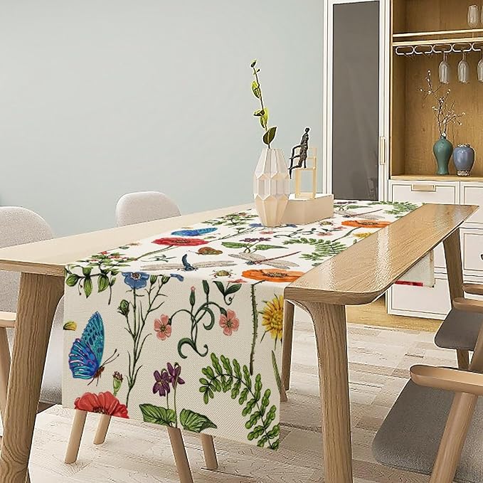 Vintage Botanical Flowers Table Runner, Seasonal Summer Plants Florals Butterfly Dinner Runner for Home Kitchen Dining Table Party Holiday Decoration 13"x60"