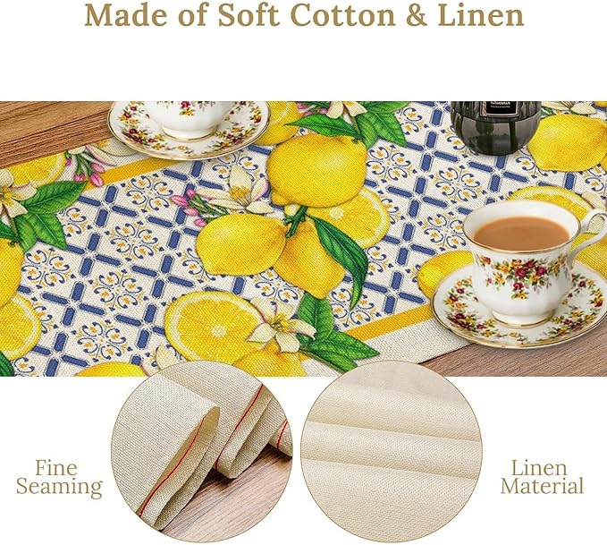Lemon Table Runner,Spring Summer Seasonal Yellow Blue Table Runner for Kitchen Dining Table Home Party Decoration 13x36 Inch