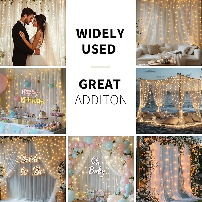 White Tulle Backdrop Curtain with Lights String - 10x8ft Sheer Backdrop with 250 LEDs for Wedding, Baby Shower, Bridal Shower, Birthday Party Photo Shoot Background and Home Decorations