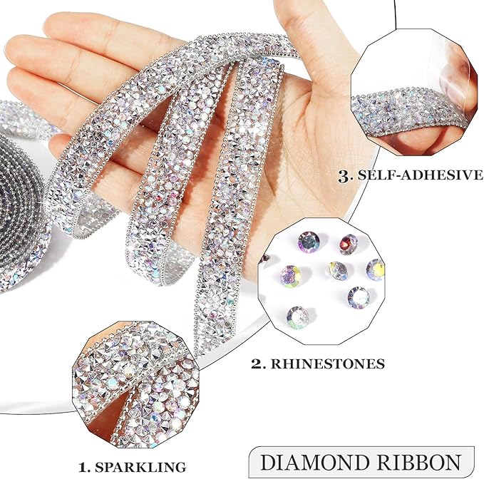 Rhinestone Ribbon 3 Yards Self Adhesive Rhinestone Strips Diamond Ribbon Sticker Crystal Roll Glitter Bling Rhinestones Tape for Crafting DIY Art Decoration (Silver AB,0.6 Inch)