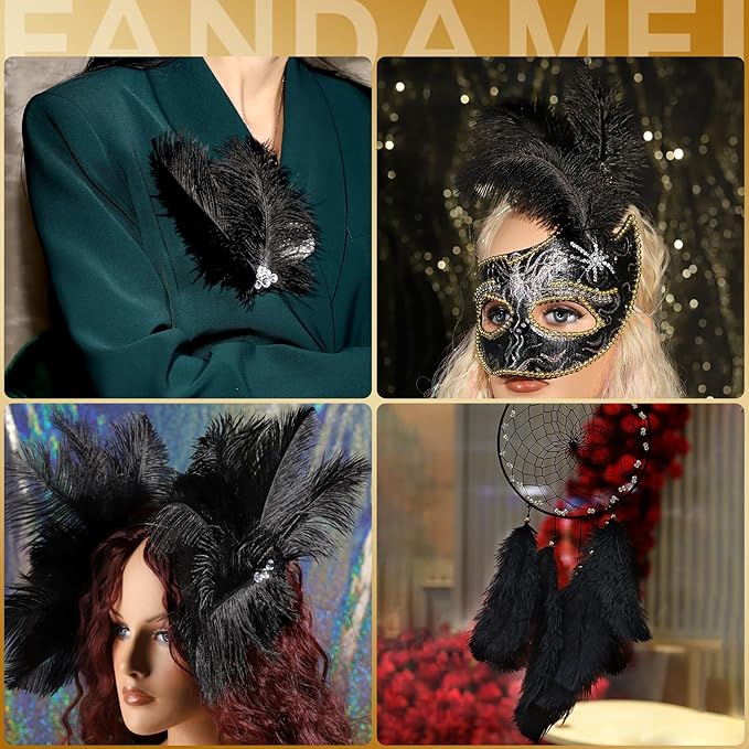 FANDAMEI 20 Pcs Black Ostrich Feathers, Black Feathers, 8-10 inch (20-25cm), Feathers for Crafting, Craft Feathers for Centerpiece Table Decorations, Home Decorations, Black Party Decorations