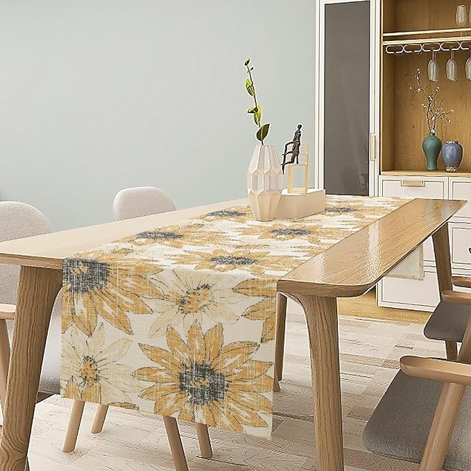 Chrysanthemum Vintage Floral Table Runner, Elegant Grunge Orange Sunflower Spring Summer Elegant Pattern Artichokes Flower Table Runner for Party Kitchen Dining Living Room Decor, 13x36 Inch