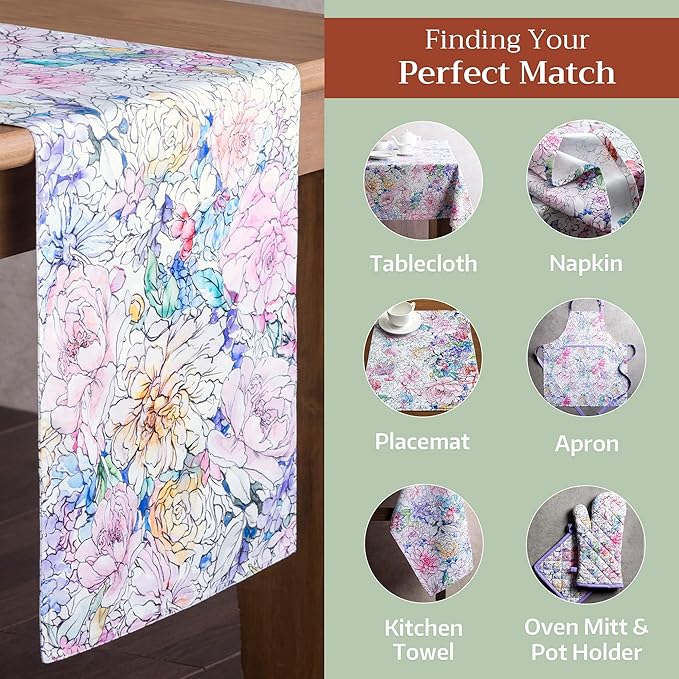 Maison d' Hermine Table Runner 100% Cotton Double Layer Table Runners 108 inches Long Decorative for Home Kitchen Dining Party Wedding Bridal Shower Spring Summer (Floral Love, 14.50" x 108")