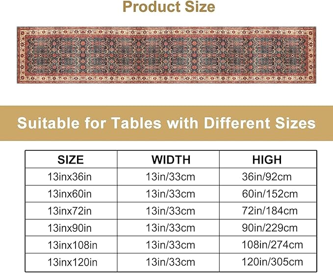 Vintage Boho Floral Table Runner, Rustic Country Farmhouse Red Teal Retro Flower Pattern for Home Kitchen Table Decor Dining Coffee Room Party Decor 13x36in