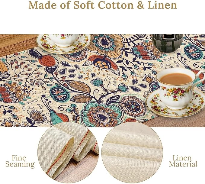 Boho Floral Table Runner,Vintage Flowers Tropical Plants Country Style Table Cloth Kitchen Dining Table Home Party Decoration 13x60 Inch