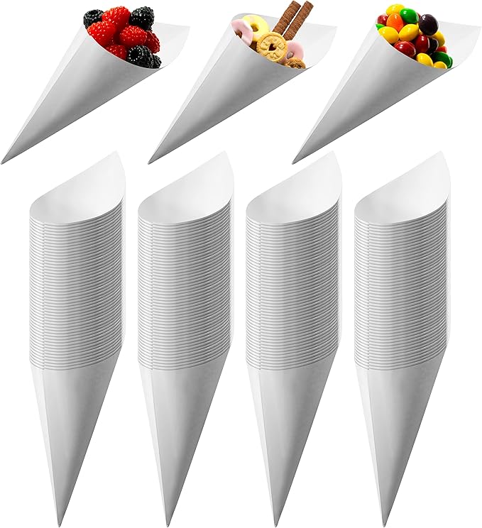 MONTX® 200-Pack Disposable Food Cones | 7" or 6" | White Food-Safe Paper Charcuterie Cones for Appetizers, Popcorn, Snacks, Confetti | Eco-Friendly Alternative to Wood Cones (6 Inch)