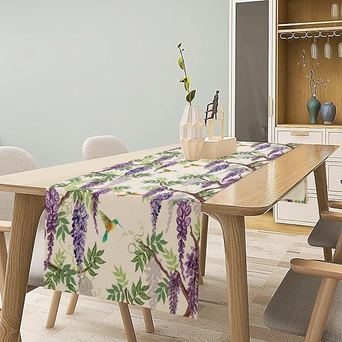 Vintage Bird Flower Table Runner Seasonal Spring Purple Wisteria Garden Plants Lavender Florals Farmhouse Country Kitchen Dinner Runner Dining Table Decoration for Home Party Holiday 13"x70"