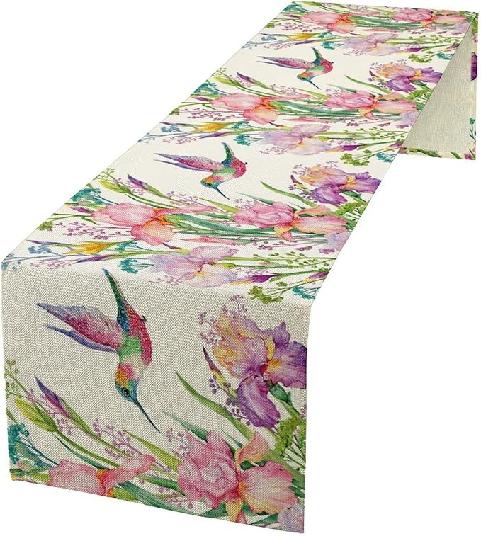 Hummingbird Table Runner,Pink Floral Country Style Table Runner for Kitchen Dining Table Home Party Decoration 13x72 Inch