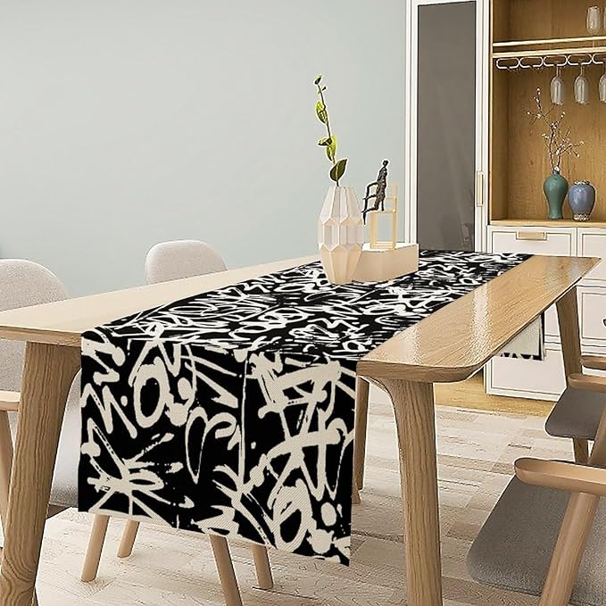 Graffiti Table Runner,Black White Abstract Messy Art Theme Pattern Print Tablecloth Burlap for Hotel Indoors Outdoor Dining Room Kitchen Home Decor,W13X L90 in