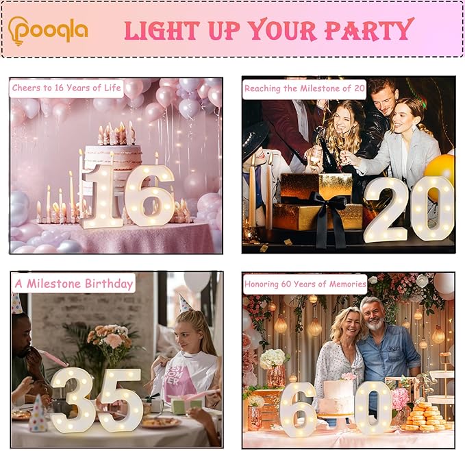 Pooqla Decorative Led Light Up Number Letters, White Plastic Marquee Number Lights Sign 16th Birthday Decorations for Girls Boys Party Wedding Decor Battery Operated Number (16)