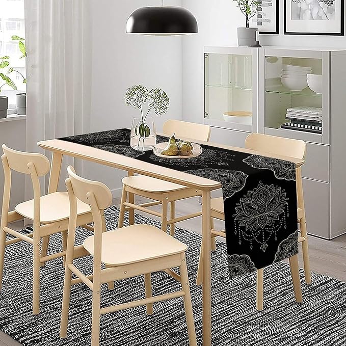 Lotus Flower Table Runner, Bohemian Ethnic Oriental Mandala Black White Floral Print Table Runner for Home Kitchen Dining Indoor Outdoor Dinner Party Decor, 13x36inch