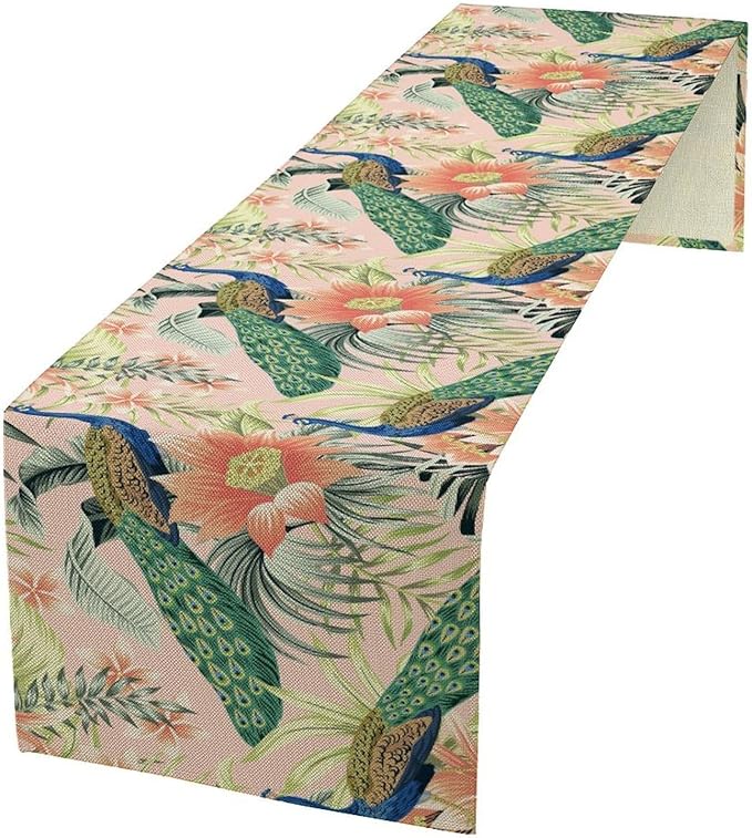 Peacock Table Runner,Pink Flower Peacock Birds Table Runner for Home Kitchen Dining Party Indoor Outdoor Decoration 13x36 Inch